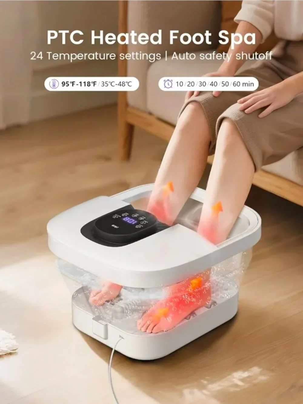 Collapsible Foot Spa with Heat, Bubbles, 24-Level Temp Control, Red Light, Timer